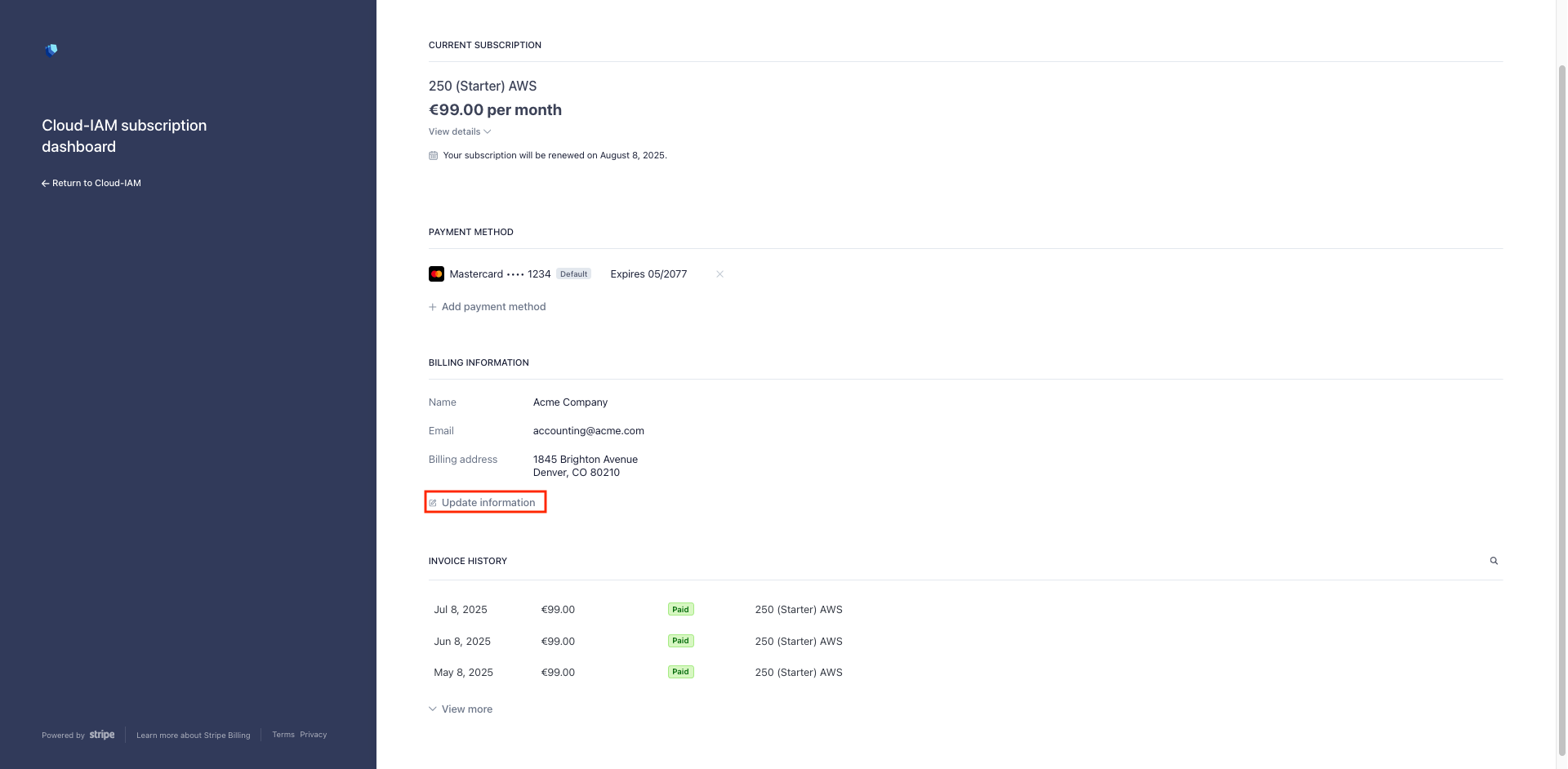 Stripe billing portal - Update information